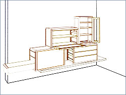 Vitrine im Sideboard-Kistenstapel verwendet. Geffnete Tren, Fcher, Laden.